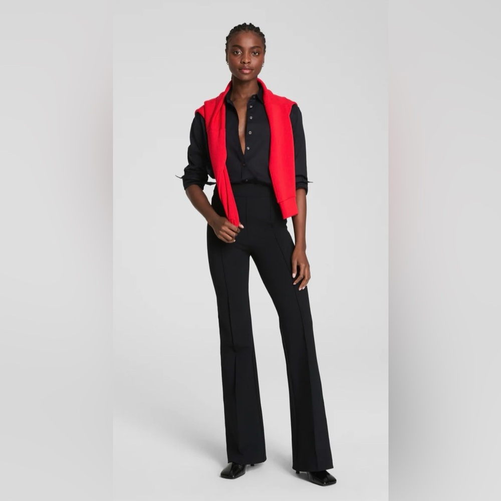 SPANX Black Flare Pant, Faux Leather Suede, Stretch